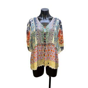 Johnny Was Multicolor Floral Patchwork w/Kimono Sleeve Blouse